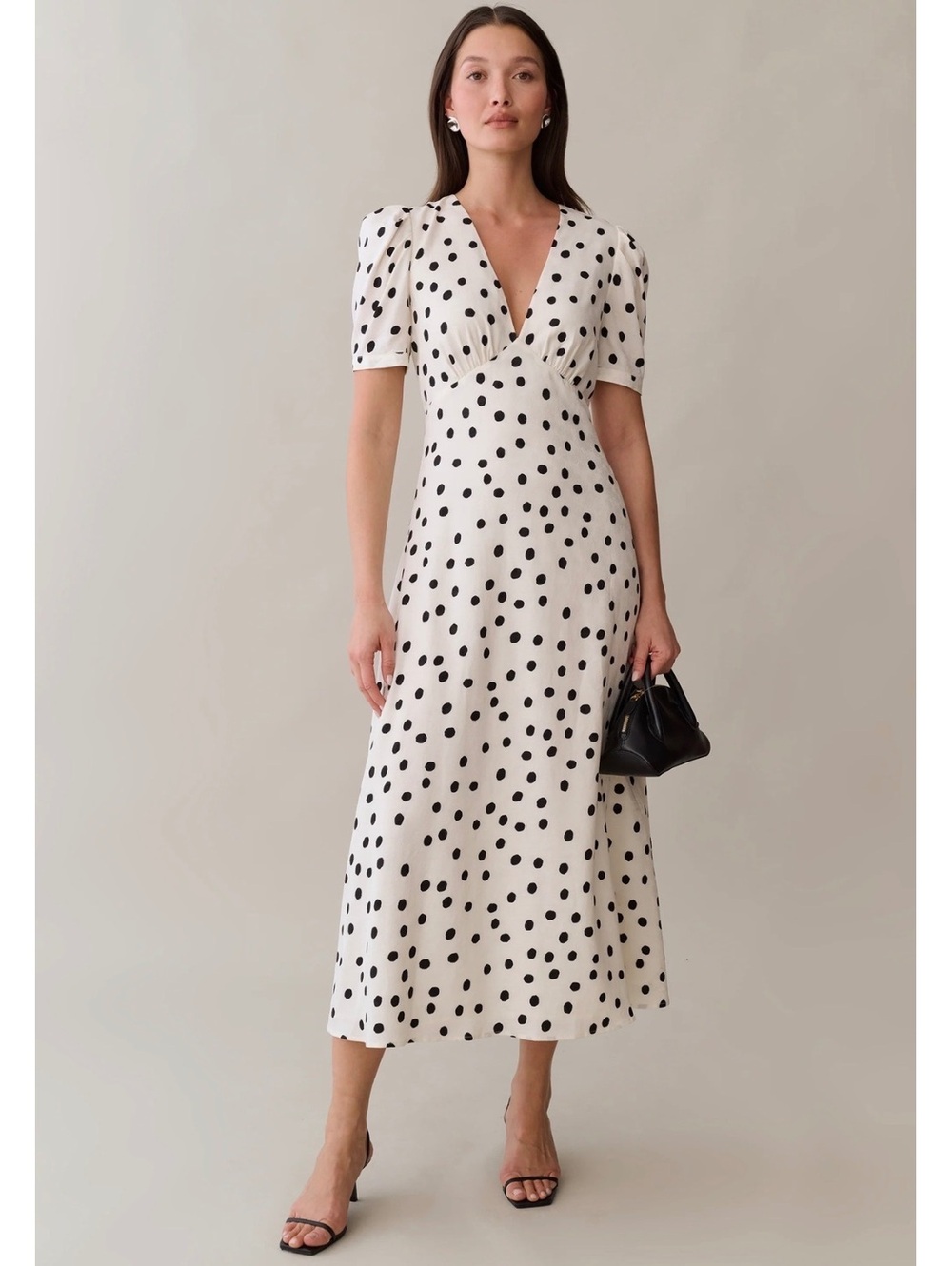 Sorella by Few Moda Alyssa Midi Dress Short Puff Sleeves White Polka Dot Size 10